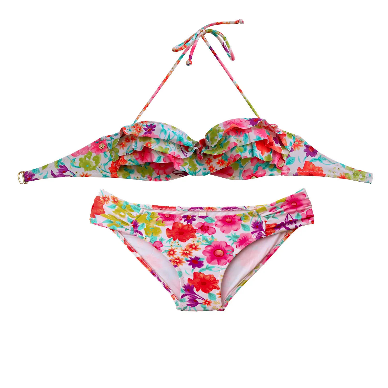 Women Sexy Gril Low Waist Bikini Sets Red Flowers Printing Swimsuit Push Up Swimwear Biquini Beachwear