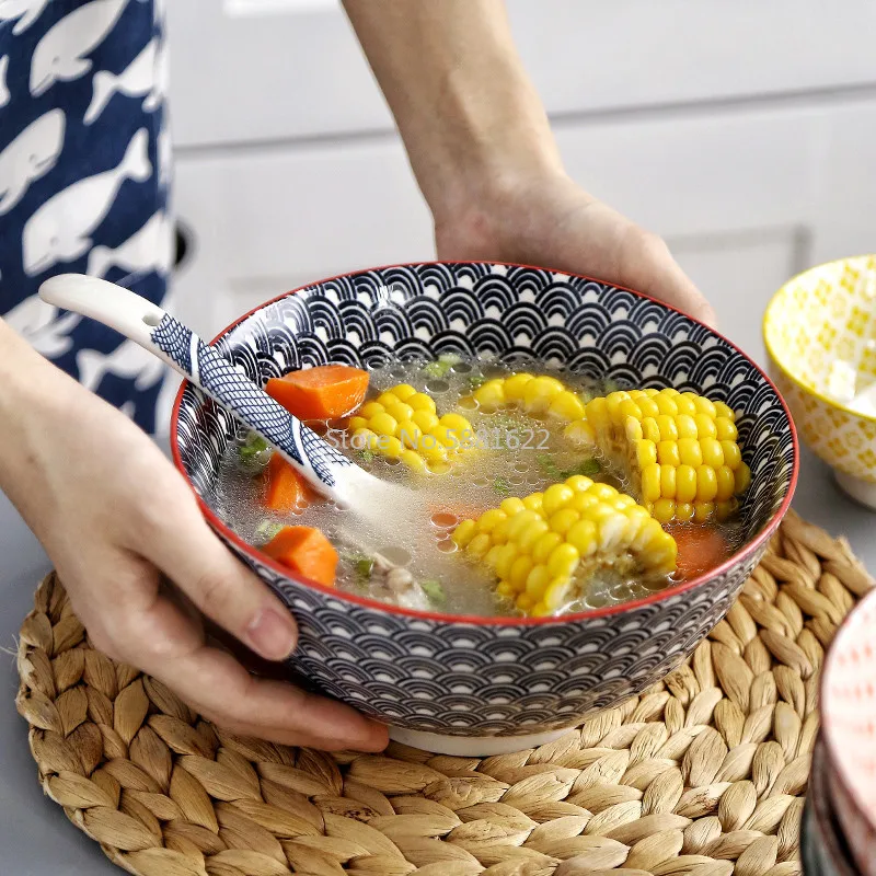 4.5/8 Inch Japanese Large Soup Bowl Under Glaze Color Simple Ceramic Rice Bowl Household Soup Bowl Tableware Ramen Noodles Bowl