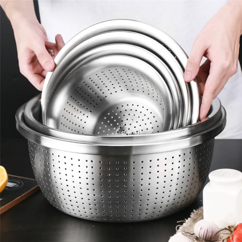 Thicken Stainless Steel Household Drain Basin Vegetable Fruit Washing Draining Basket Colander Rice Sieve Kitchen Accessories