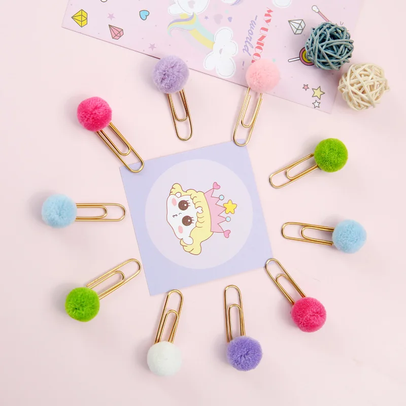 6Pcs/lot Cute Colored Hair Ball Metal Paper Clip Office Lady Style School Stationery Photo Decorative Supply Stationery