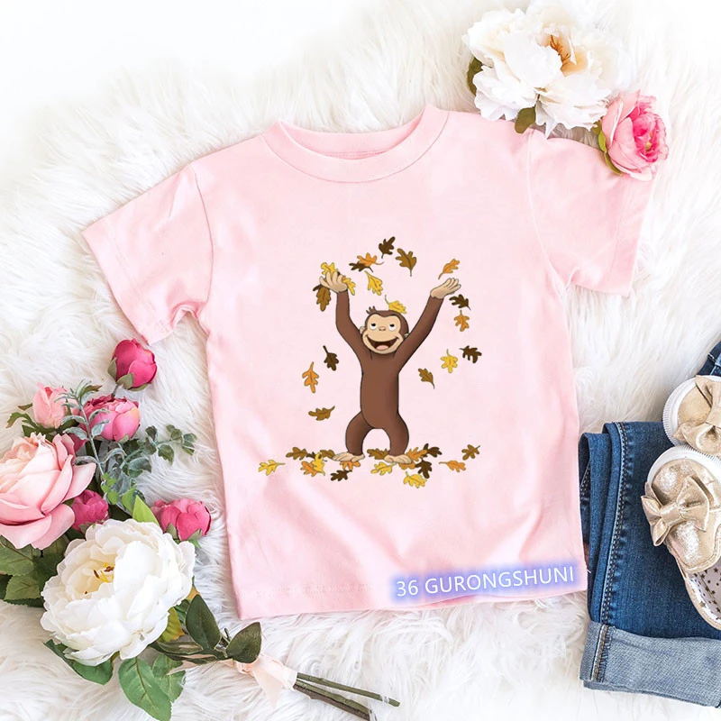 T-shirt rose à manches courtes pour fille, vêtement estival avec motif de dessin animé mignon George, singe imprimé, kawaii