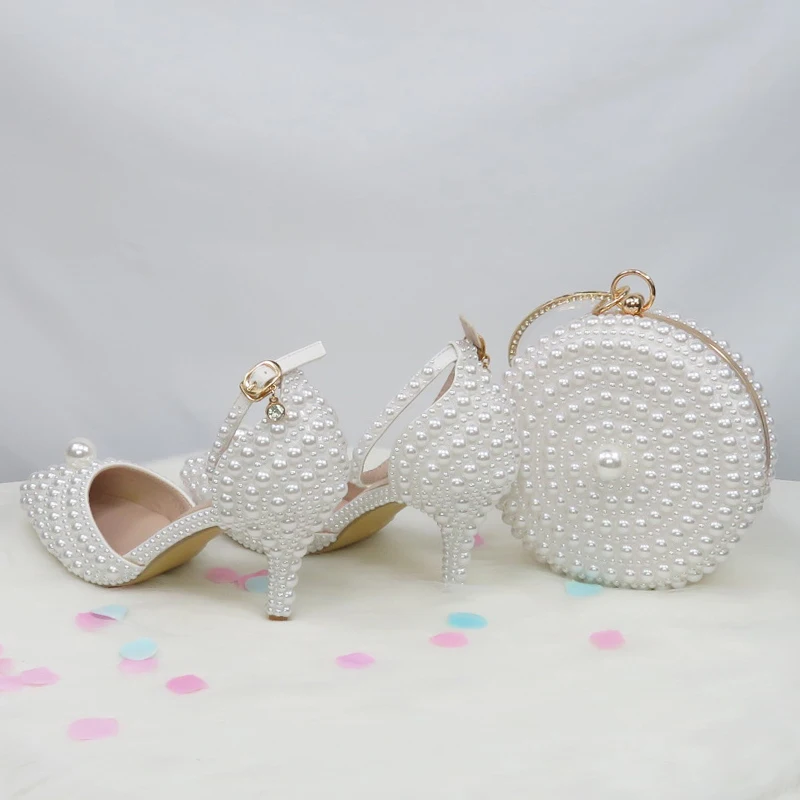 BaoYaFang White Beads Big Pearl wedding shoes Bride Pointed Toe party dress High heels shoes and bag set Thin Heel Ankle Strap