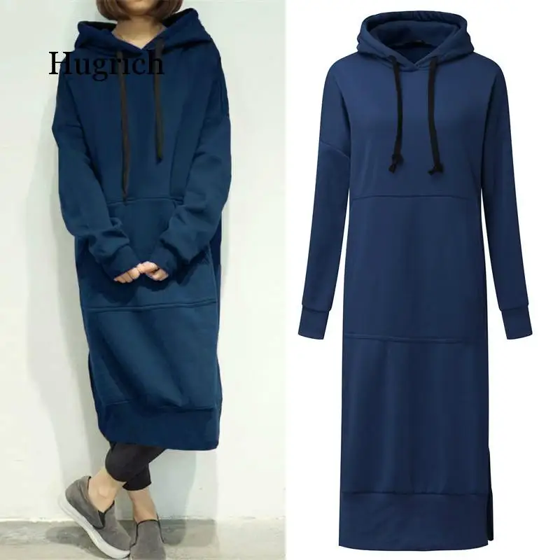 2020  Autumn Women Casual Hooded Long Sleeve Split Fleece Basic Pullover Vestido Winter Long Sweatshirt Dress