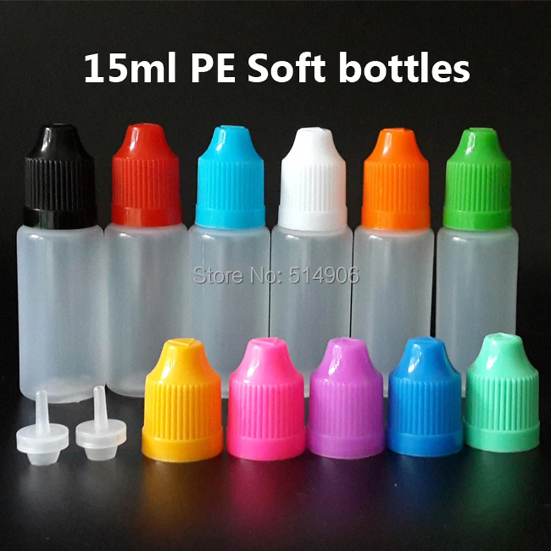 1000Pcs 15ML Empty Oil Refillable Bottle Soft Plastic Dropper Vials With Childproof Caps & Long Fine Tips For E  Liquid