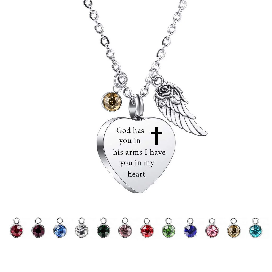 

Cremation Jewelry Urn Necklace Birthstones for Human Pet Stainless Steel Heart with Angel Wing Ashes Necklace Memorial