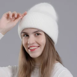 CNTANG Real Rabbit Fur Hat Winter Warm Beanies For Women Fashion Cute With Decorate Rhinestone Cap Female Casual Knitted Hats