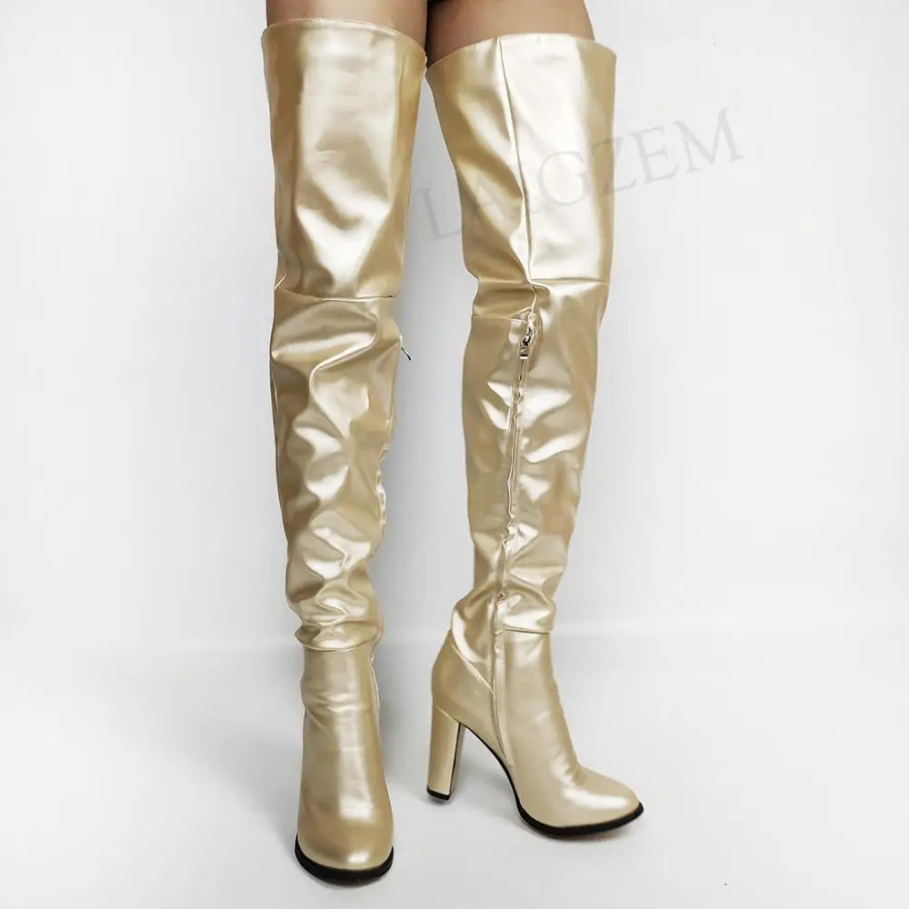 

LAIGZEM CHIC Women Thigh High Boots 2020 Side Zip Chunky Block Heels Gold Silver Boots Over Knee Shoes Woman Large Size 45 46 47