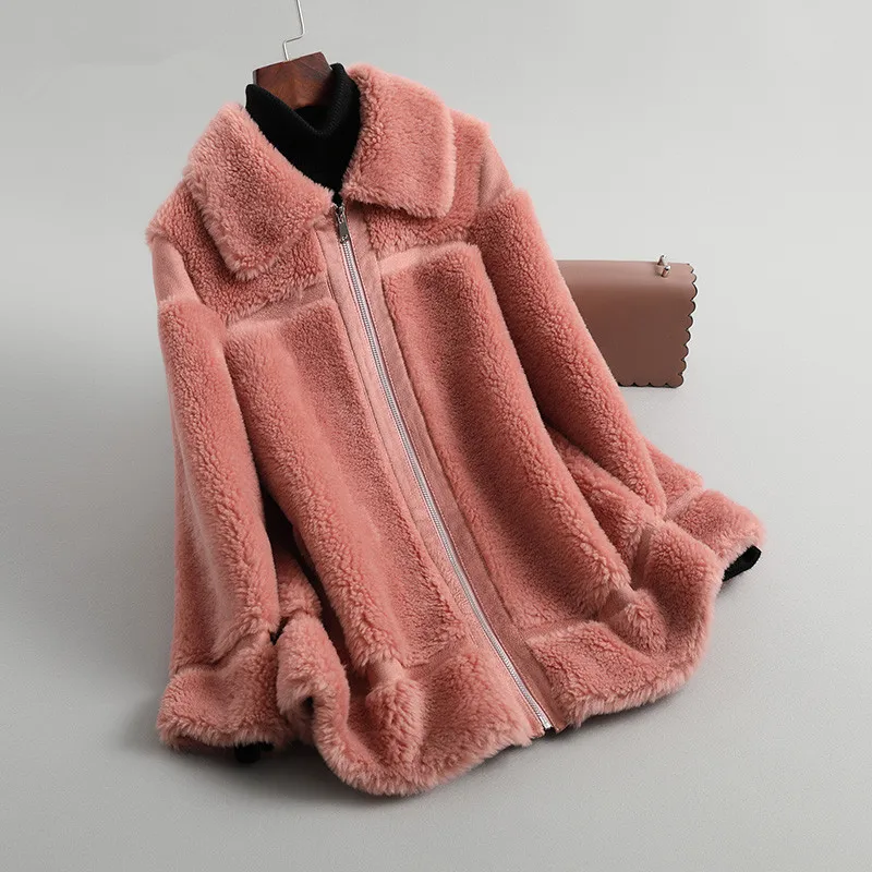 

2020 Sheep Shearling Real Fur Coat Winter Jacket Women 300% Wool Coat Female Long Pink Jackets Korean Outwear MY4399