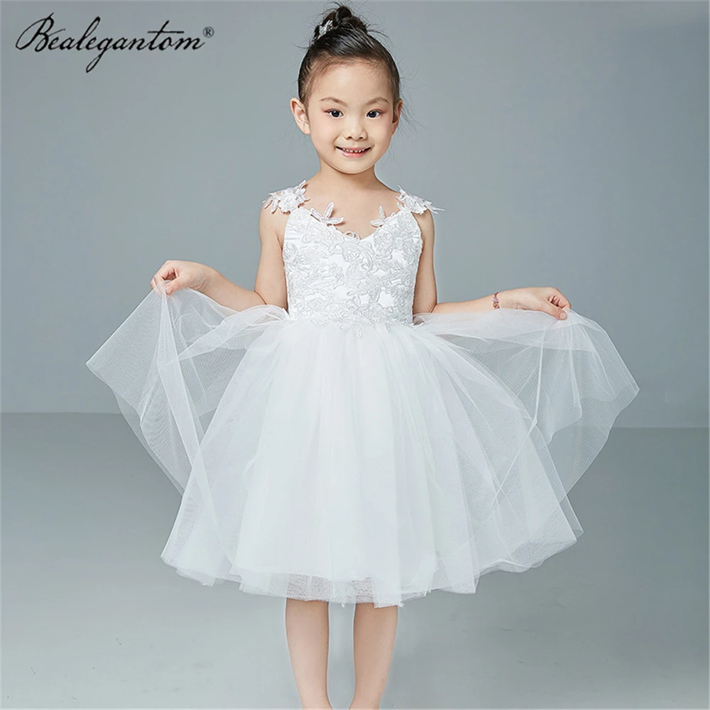 Kids Princess Wedding Flower Girl Dress Children Lace Prom Ball Gown Party Long Dress Sleeveless Bow Birthday Party Dress FGD13