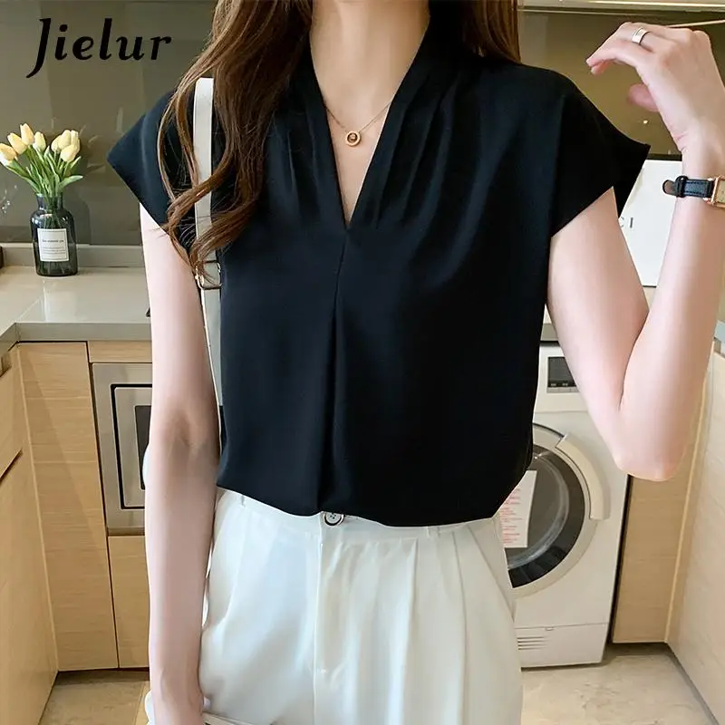 Jielur Black White Blouses Female V-Neck Summer Satin Women\'s Blouse Office Lady Sexy Casual Short Sleeve Shirt Blusa Feminina