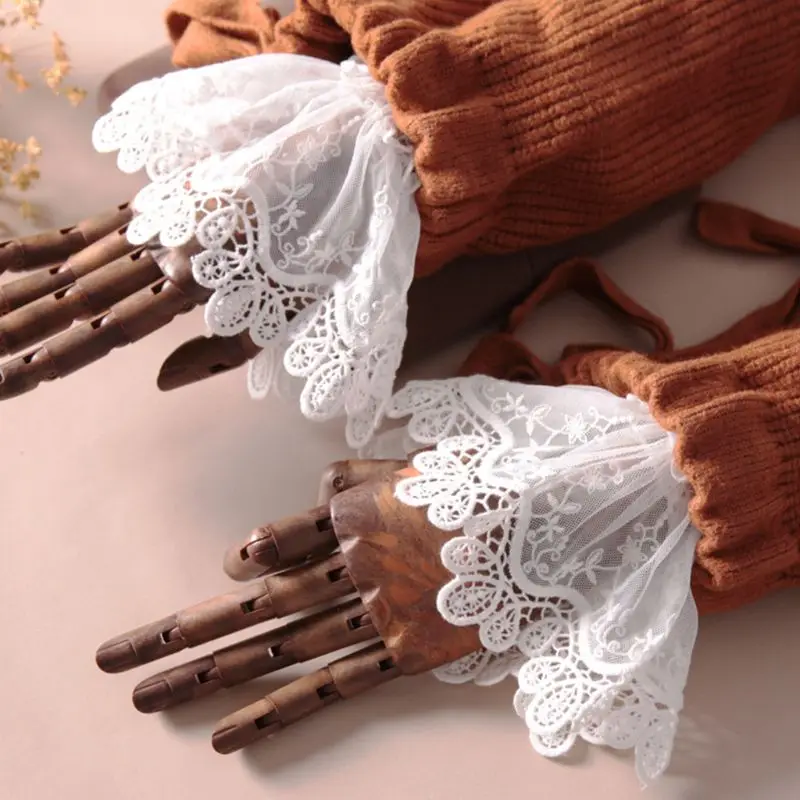 New Female Sweater Fake Sleeves Hollow Out Crochet Floral Lace Horn Cuffs Embroidery Flounces Ruffles Elastic Wrist Warmers