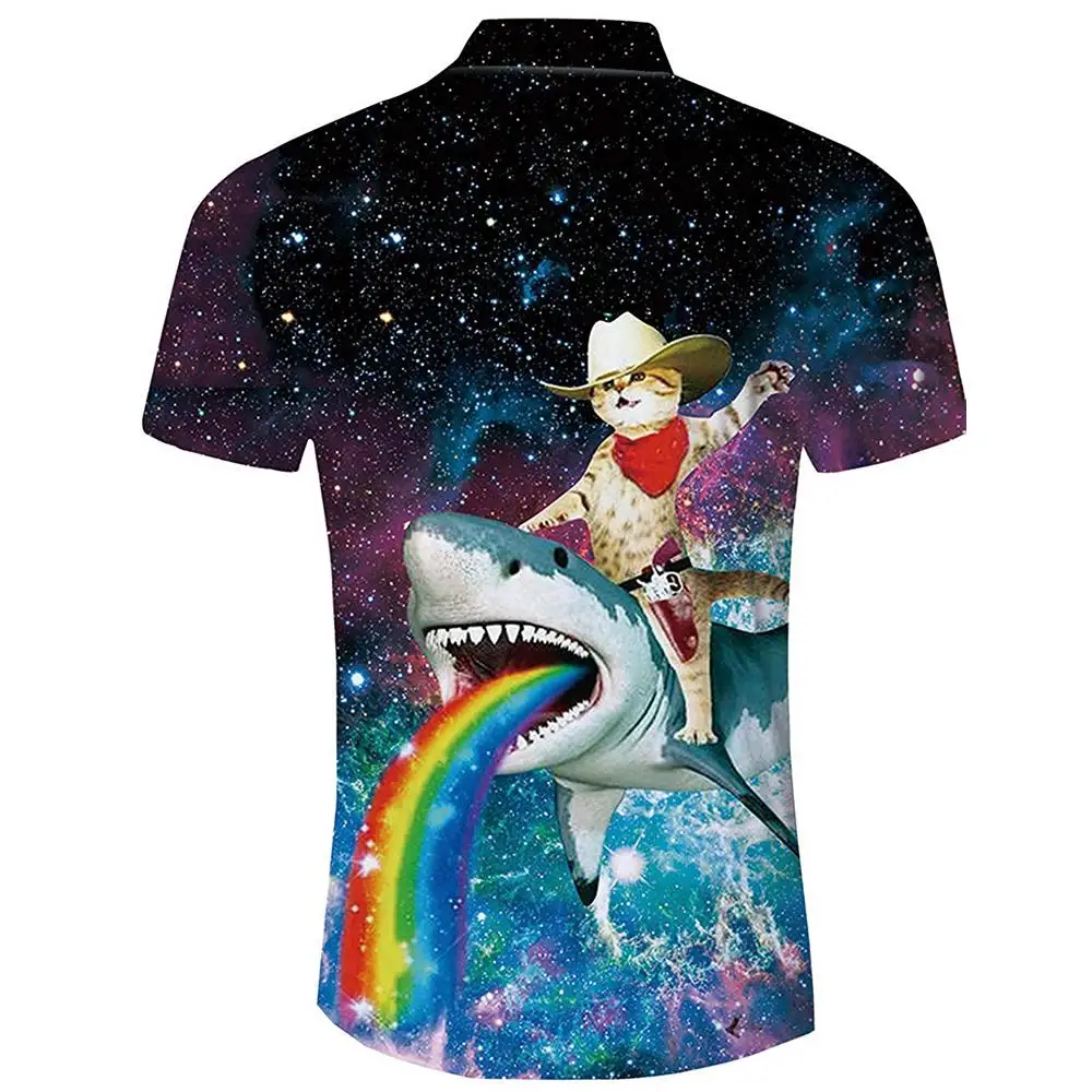 Summer Harajuku Short sleeve Shirts Funny Cowboy Cat Riding Shark 3D Printed Hawaiian Shirt Mens Harajuku Casual Shirt drop ship