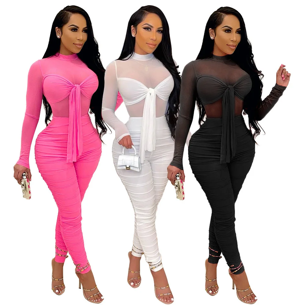 Lưới Sexy Sheer Ôm Body Jumpsuit Nữ Tay Dài Thắt Nơ Phối Quần Skinny Vải Xếp Câu Lạc Bộ Đảng Romper Áo Liền Quần Thanh Lịch Áo Liền Quần Combinaison Femme