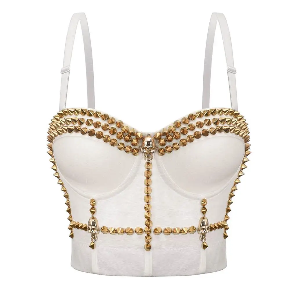 

White & Gold Rivets Punk Gothic Brasieres Para Mujer Push Up Bra Sexy Bralette Crop Top Rave Rock Dance Club Wear Bras For Women