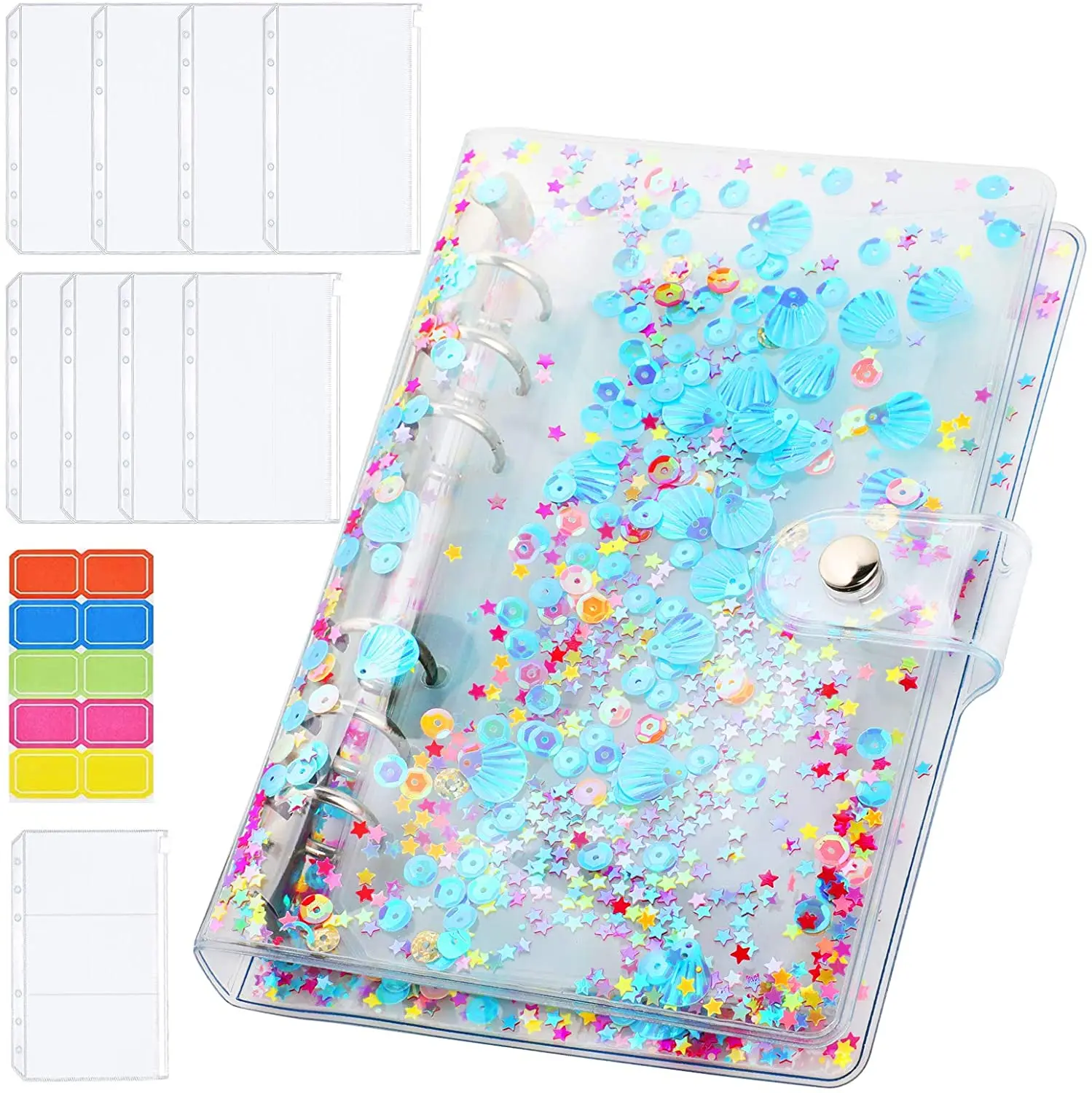 A6 PVC Notebook Budget Binder Cover Planner with Glitter Flakes Shells, 9pcs Cash Envelopes,1pc Card and Label for Cash Bills