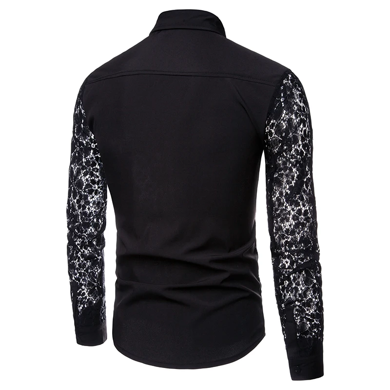 Men Tuxedo Shirts Black White Lace Sleeve Slim Fit Shirt Solid Transparent Casual Shirts Bar Club Party Tops Spring Autumn