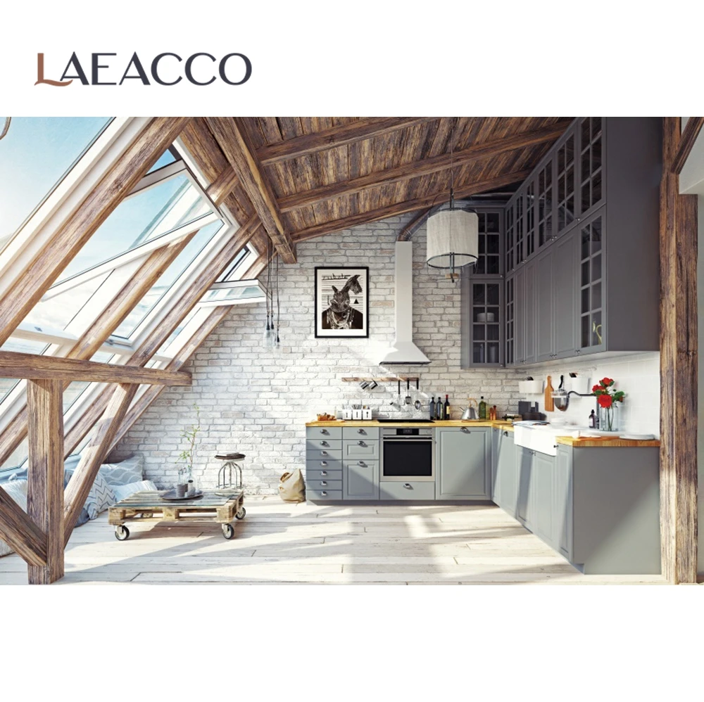 Laeacco อิฐสีเทาสีเทา Modern Attic Loft ชั้นวางของการถ่ายภาพพื้นหลังภายในบ้านฉากหลังถ่ายภาพ Photo Studio