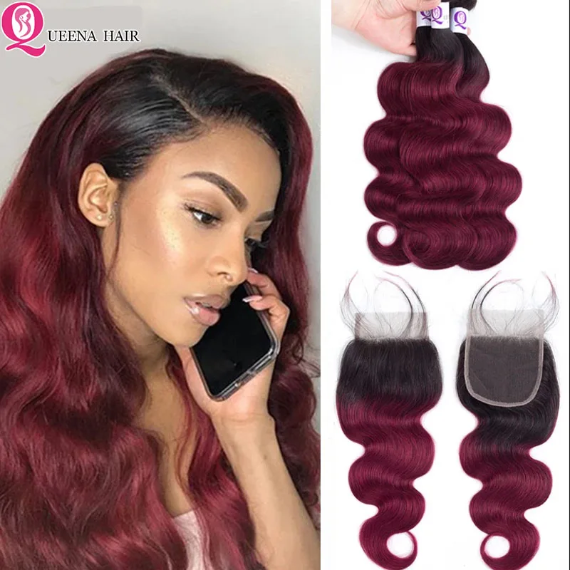 Pre-Gekleurde Braziliaanse Haar Weave Menselijk Haar Lichaam Wave Ombre Kleur Haar Bordeaux Blond Gekleurde Bundels Met Sluiting Remy haar