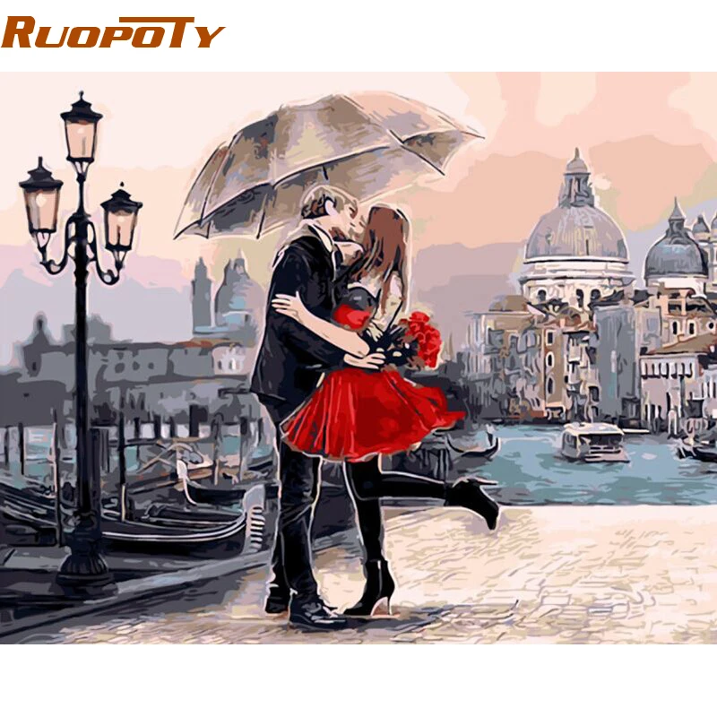 

RUOPOTY Frame Romantic Kiss Lover DIY Painting By Numbers Landscape Oil Painting Modern Wall Art Picture For Wedding Decoration