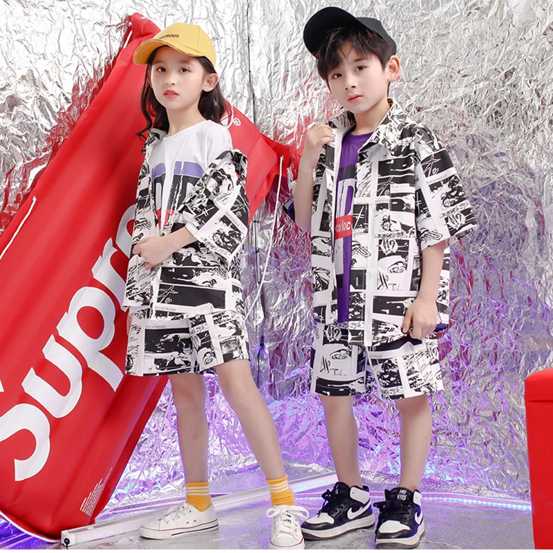 Children Cartoon Hip Hop Clothing Track Jacket Top Casual Pants Shorts for Girls Boy Dance Costume Wear Ballroom Dancing Clothes