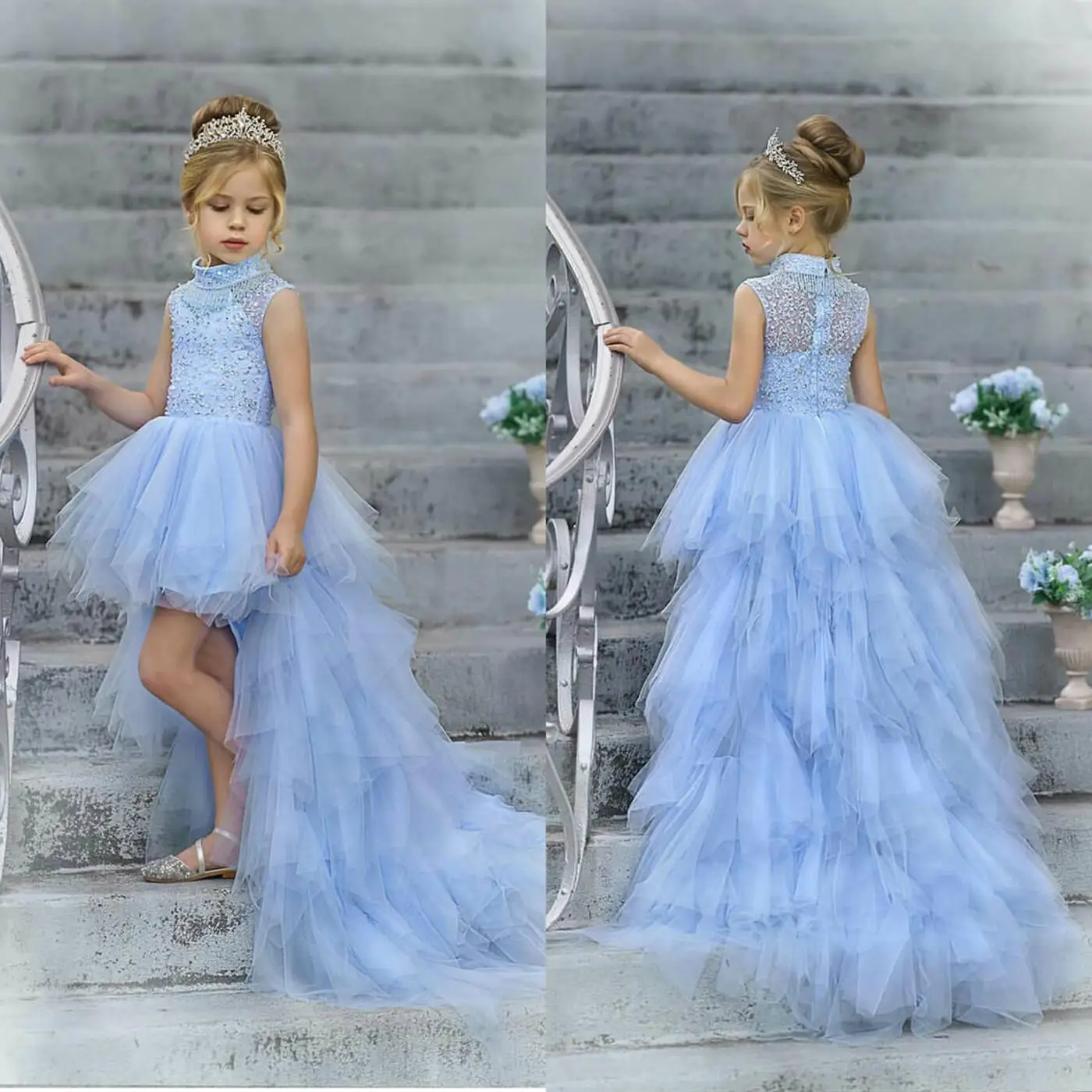 Lovely Flower Girls abiti collo alto Appliques di pizzo perline bambini abbigliamento formale personalizzato Hi-Lo compleanno Toddler Girls Pageant Gowns