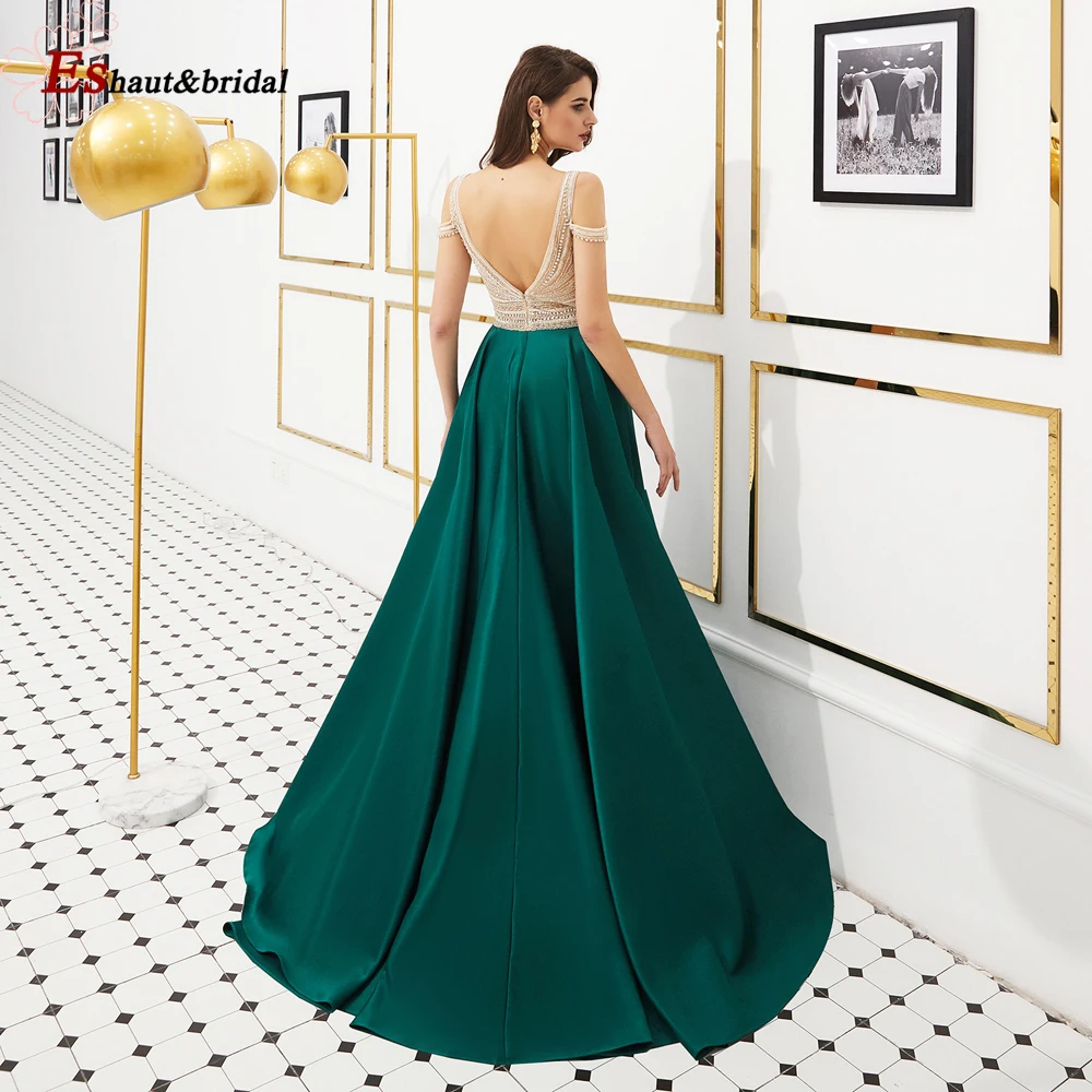 Elegante vestido de noche con cuentas y cuello en V para mujer, Vestido largo de satén con hombros descubiertos, Formal, para fiesta de boda y graduación, 2023