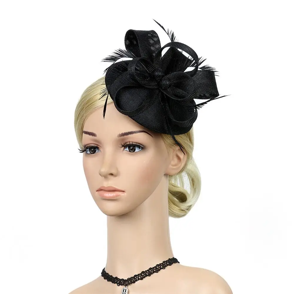 Women Wedding Evening Party Mesh Headband Flower Hat Fascinator Caps Feather Ladies Hat