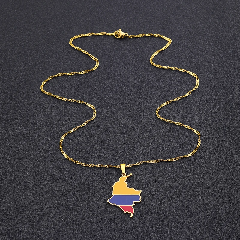 Fashion Colombian Map Flag Pendant Stainless Steel  Necklaces Women Girls Silver Color/Gold Color Colombia Birthday Jewelry