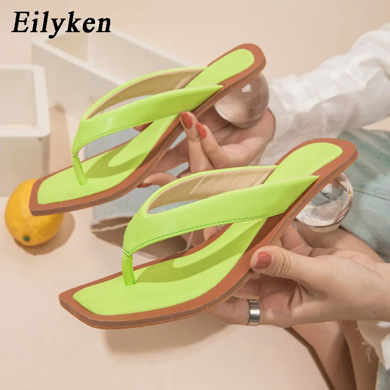 Eilyken Square Head Pinch Slippers Crystal Transparent Ball Low Heel Clear Women Flip Flops Slides Fashion Design Green Size 43