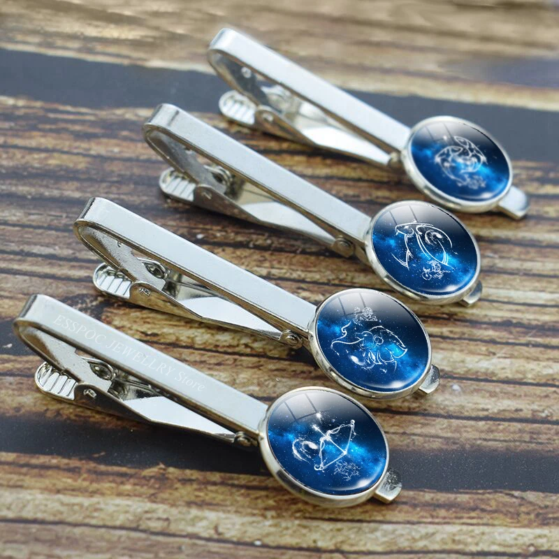 12 Constellation Alloy Tie Clip Men Wedding Clasp Clip Glass Cabochon Jewelry Zodiac Sign Tie Pin for Men's Birthday Gift