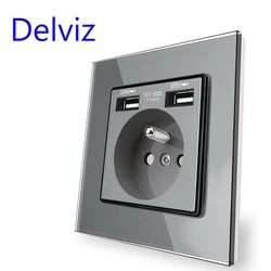 Delviz USB French Wall Socket, Double usb charging port, Toughened Glass Panel, 16A Power plug French standard electrical outlet