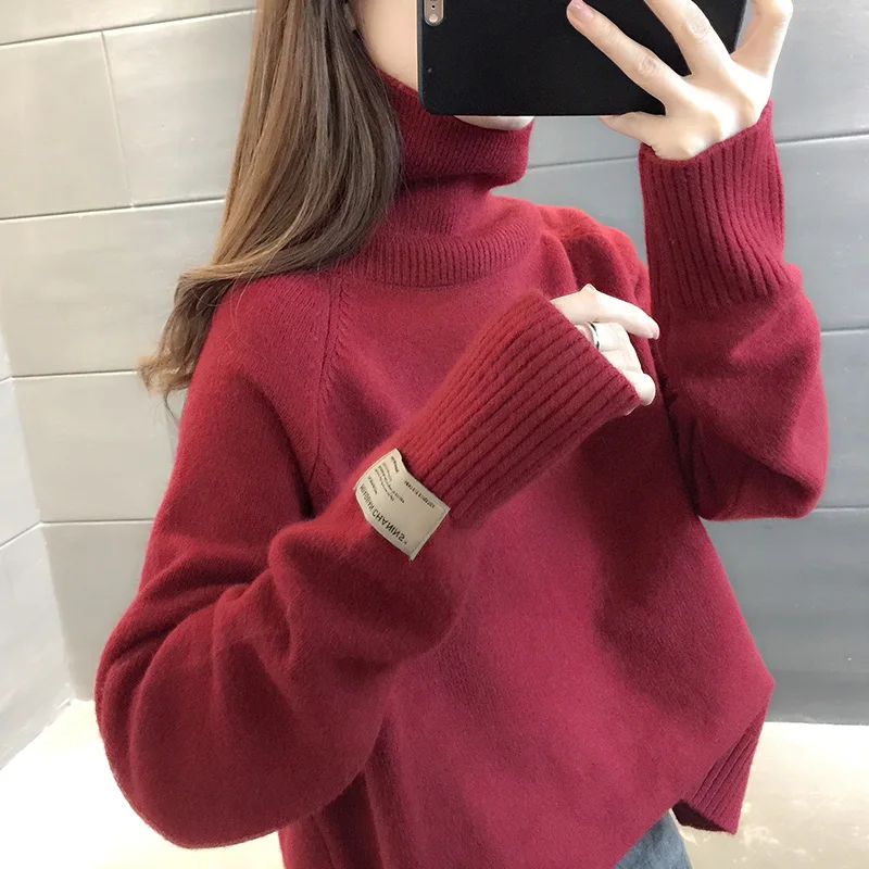 

Women's Oversized Knitting Pullover Sweaters Solid Turtleneck Long Sleeves Thicken Knitted Pullover Sweater Autumn Winter 2021