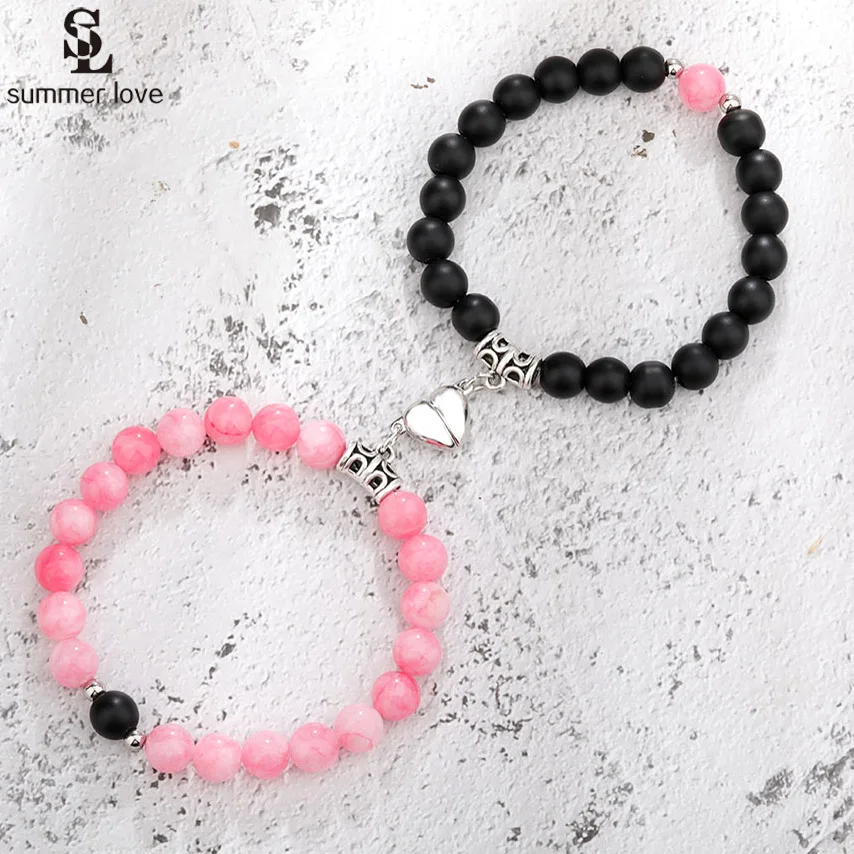 2pc/Set Natural Stone Beads Bracelet For Women Men Attractive Distance Heart Magnetic Bracelets Friendship Couple Jewelry 2024