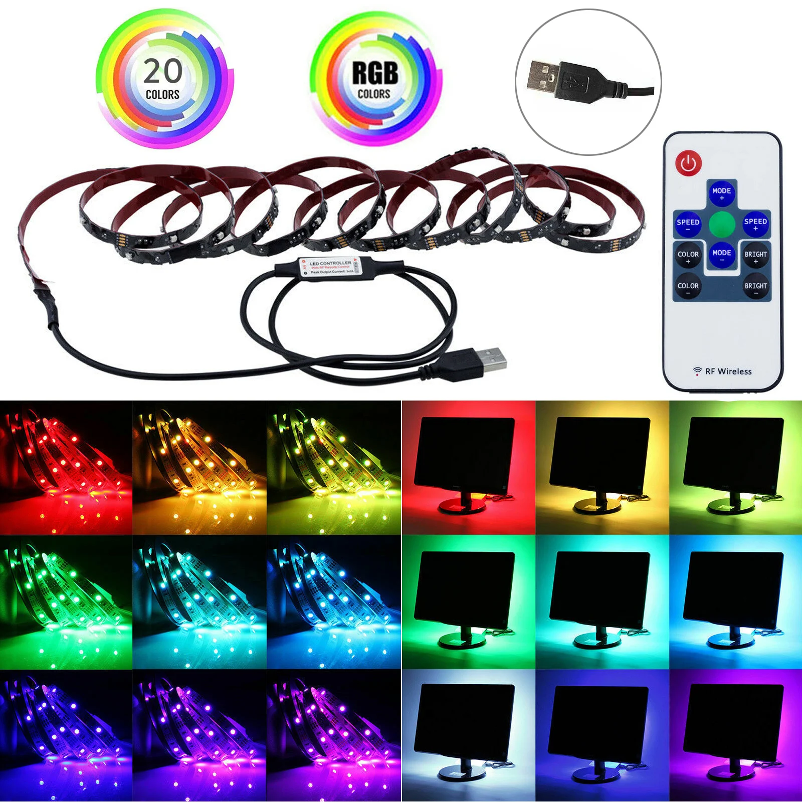 

LED RGB Strip Light Tape RF Remote Control for Home Bar Club KTV TV Back Lighting Decoration 3528 SMD Kit + 5V USB Powered