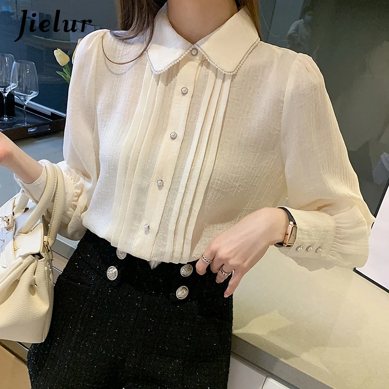 

Jielur New Women's Blouses Chic Lantern Sleeve Turn-down Collar Shirt Ladies OL Elegant Tops Apricot Button Blusas Mujer S-XXL