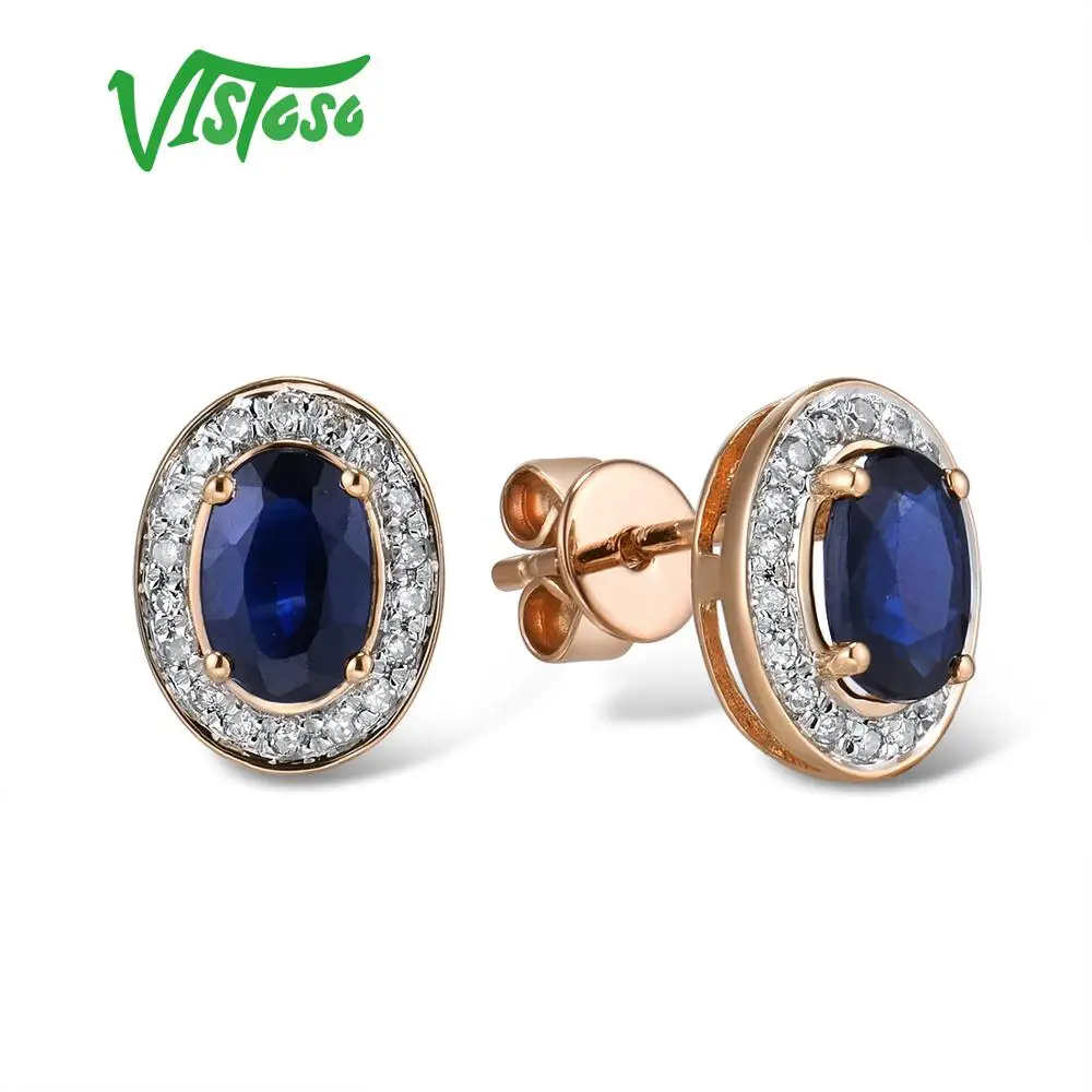 VISTOSO Pure 14K 585 Rose/White Gold Earrings Stud For Women Elegant Blue Sapphire Sparkling Diamond Unique Trendy Fine Jewelry