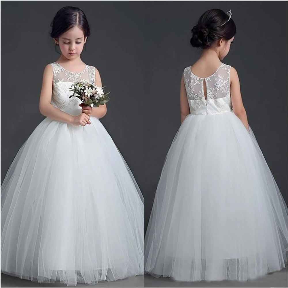 

O-Neck Sleeveless Lace Tulle Kids Formal Wear Girls Pageant Baby Children Party Dress Birthday Christmas Flower Girls Dresses