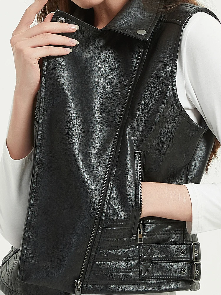 

2021 Fashion Spring Autumn Womens Motorcycle Faux Leather Waistcoats Female Street Solid Black PU Sleeveless Zipper Vests Tops