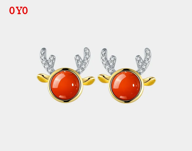 

s925 silver earrings cute sen series southern red agate elk earrings