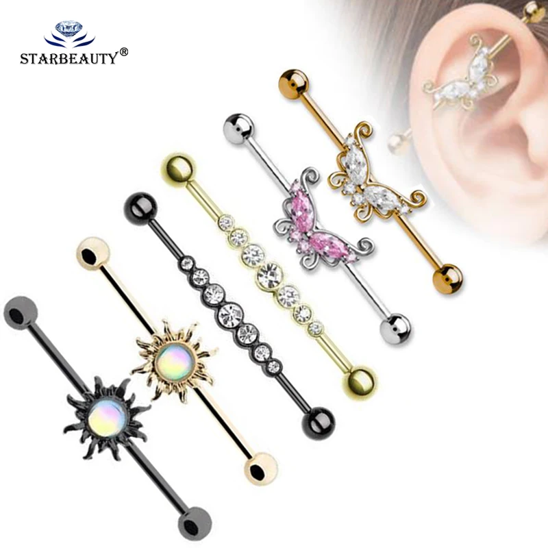 16G 1.6*36mm Butterfly Sun Colorful CZ Industrial Barbell Ear Cartilage Helix-Conch Piercing Bar Earring Stud Body Jewelry