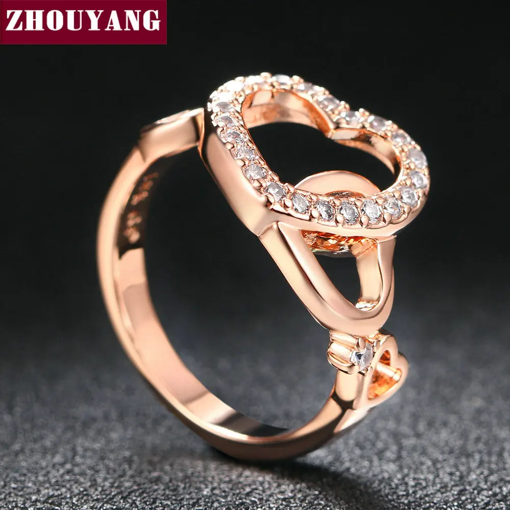 Top Quality Gold Romantic Dual Hearts Crystal Love Ring Rose Gold Color Austrian Crystals Full Sizes ZYR154 ZYR155