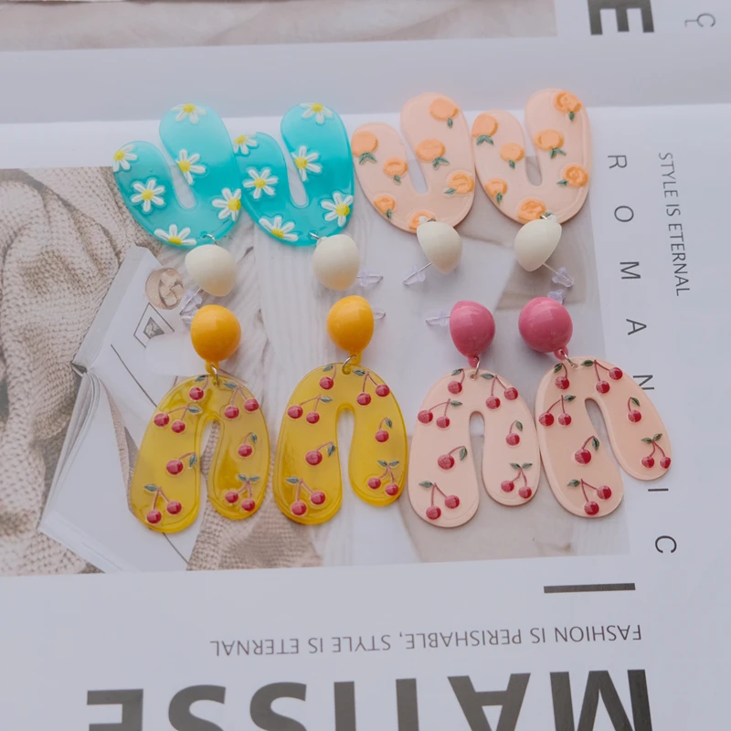 Acrylic U-shaped Drop Earrings Y2k Summer Style Cartoon Printing Fruit Series Cherry Orange Daisy Graphic Ear Jewelry for Girls