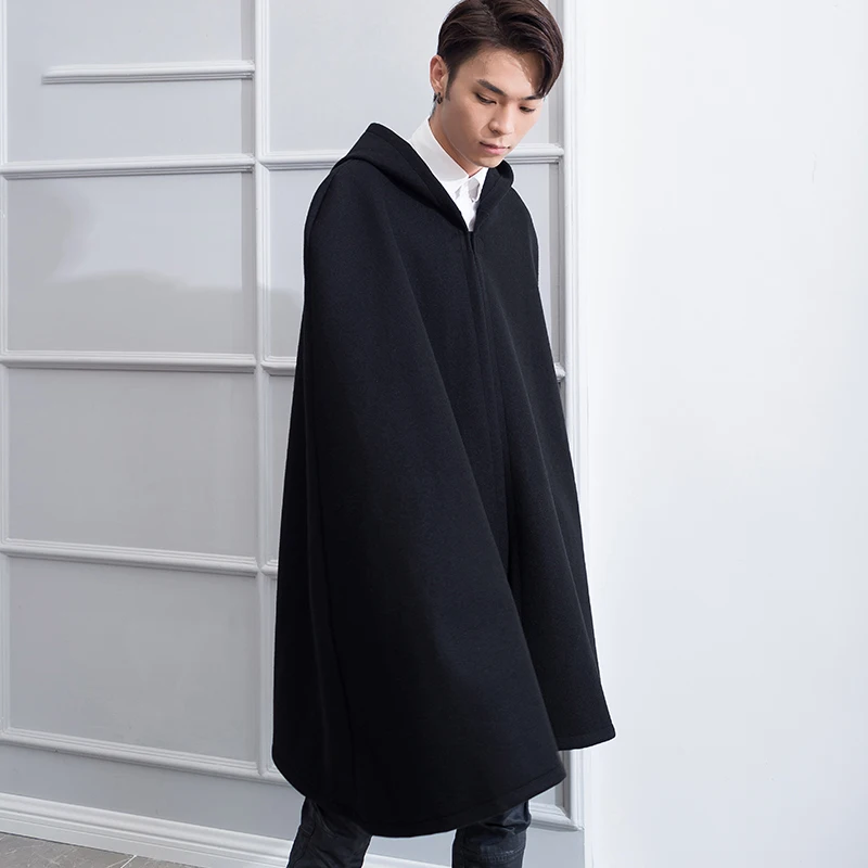 M-4XL woolen coat male British wind long section Korean version of the loose hooded wizard hat cape cloak shawl versatile coat