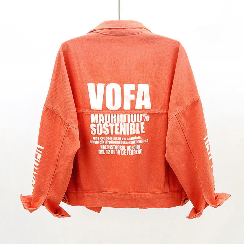 Chaqueta vaquera corta de algodón para mujer, prendas de vestir con estampado de letras, Top informal holgado, verde hierba, naranja, KW1016, primavera y otoño, 2021