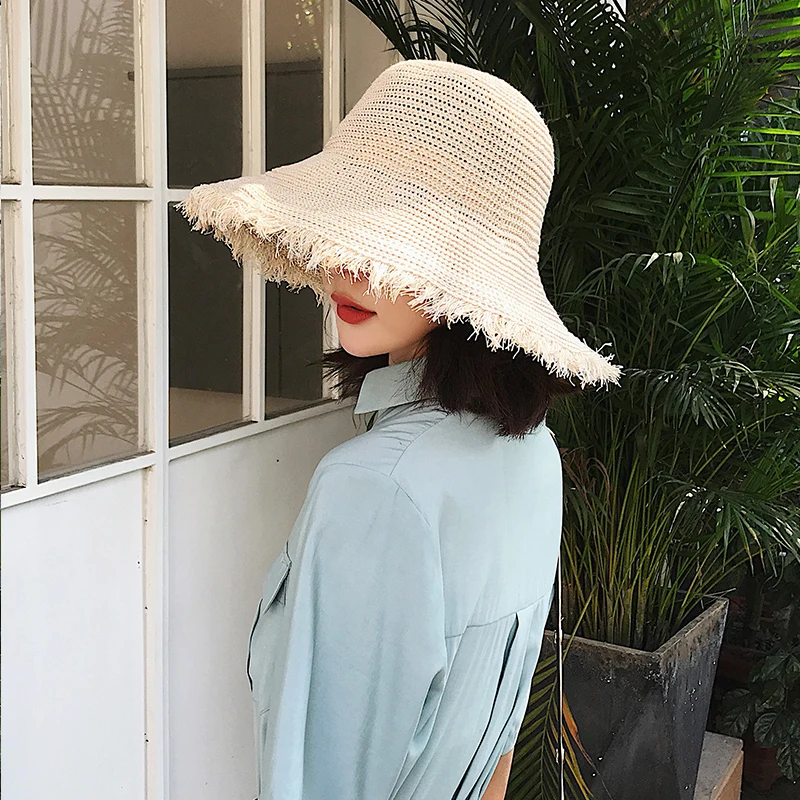 2021 NEW Hat woman summer straw hat woman folding outdoor sunshade hat furry edge hollowed beach hats women fashion elegante cap