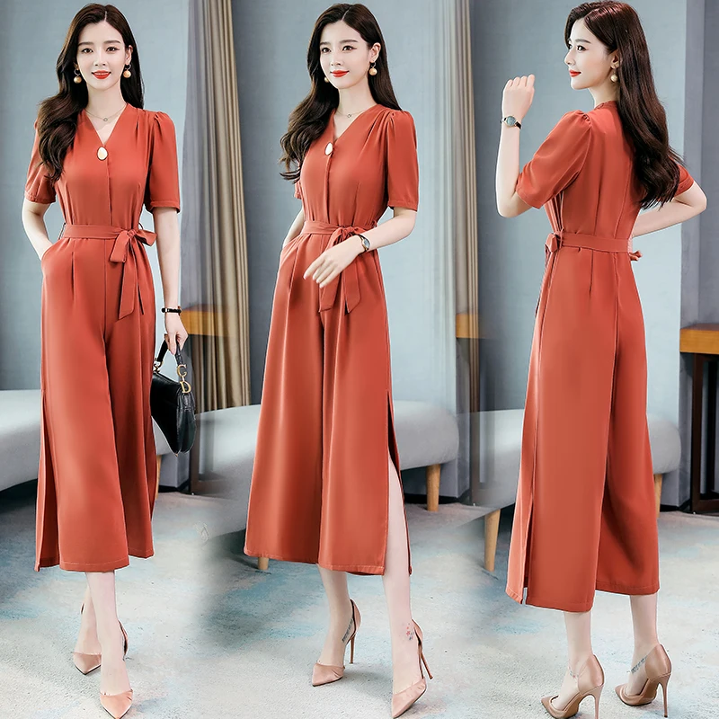 High Quality Women Wide Leg Jumpsuit Summer Ladies Office Casual V Neck Side Split  Romper High Waist Sashes Jumpsuits