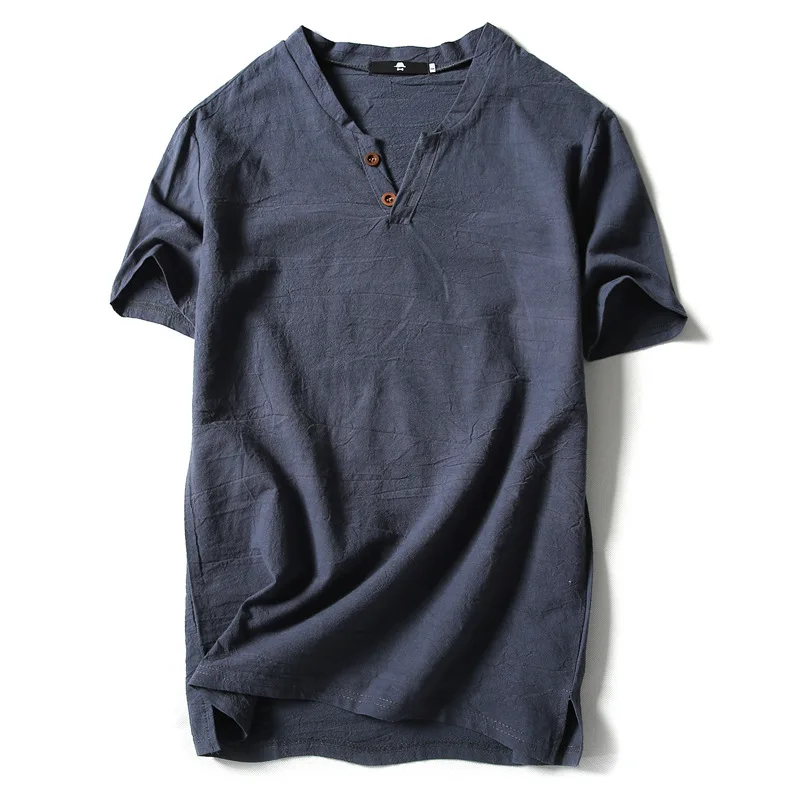 2024 New Summer Brand T-Shirt Men Short Sleeve Loose Breathable Cotton Linen T Shirt Male Fashion Solid Color V-Neck Tees 9XL