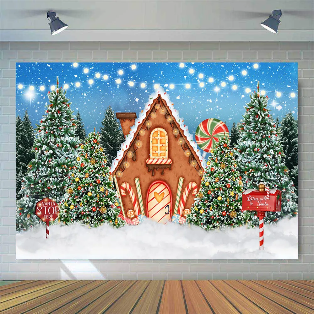 Fondo de Casa de pan de jengibre para fotografía de navidad, regalos de árbol de pino, ciervo, recién nacido, retrato de niños, fantasía, Candyland