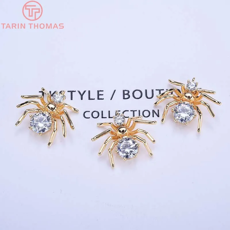 (665)6PCS 15.5x13.5MM 24K Gold Color Plated Brass with Zircon Spider Charms Pendants High Quality Diy Jewelry Accessories