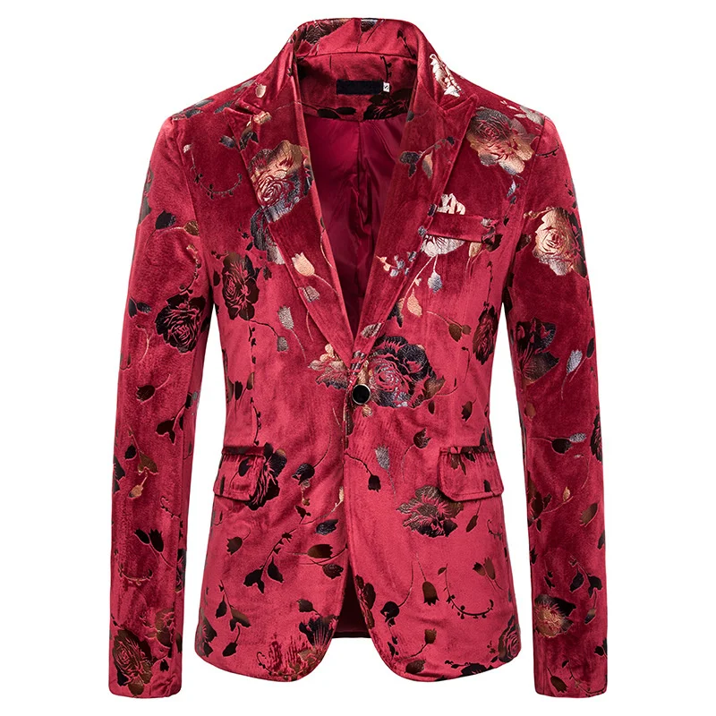 

Suit Mens Jackets Autumn Slim Fit Long Sleeve Single Button Corduroy Blazer Banquet Red Black Printed Rose Luxury Dress Jacket